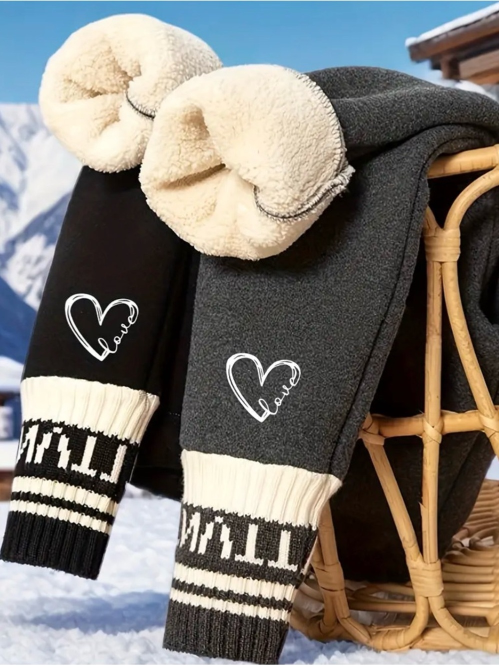 Cozy Fleece Lined Leggings with Knit Cuffs - Black & Charcoal